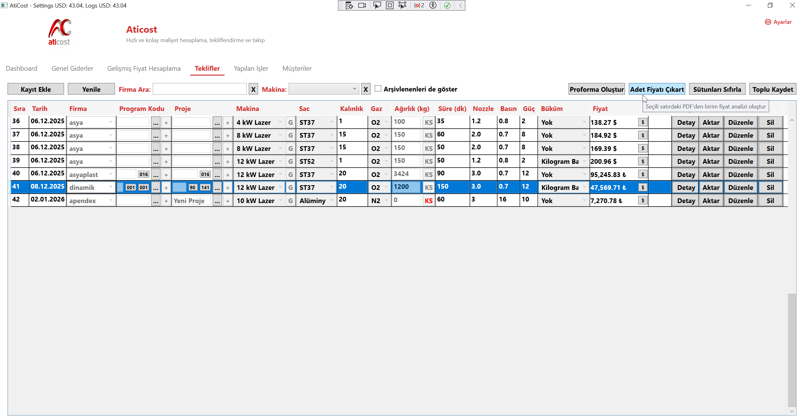 Adet Fiyatı Çıkartma Ekranı