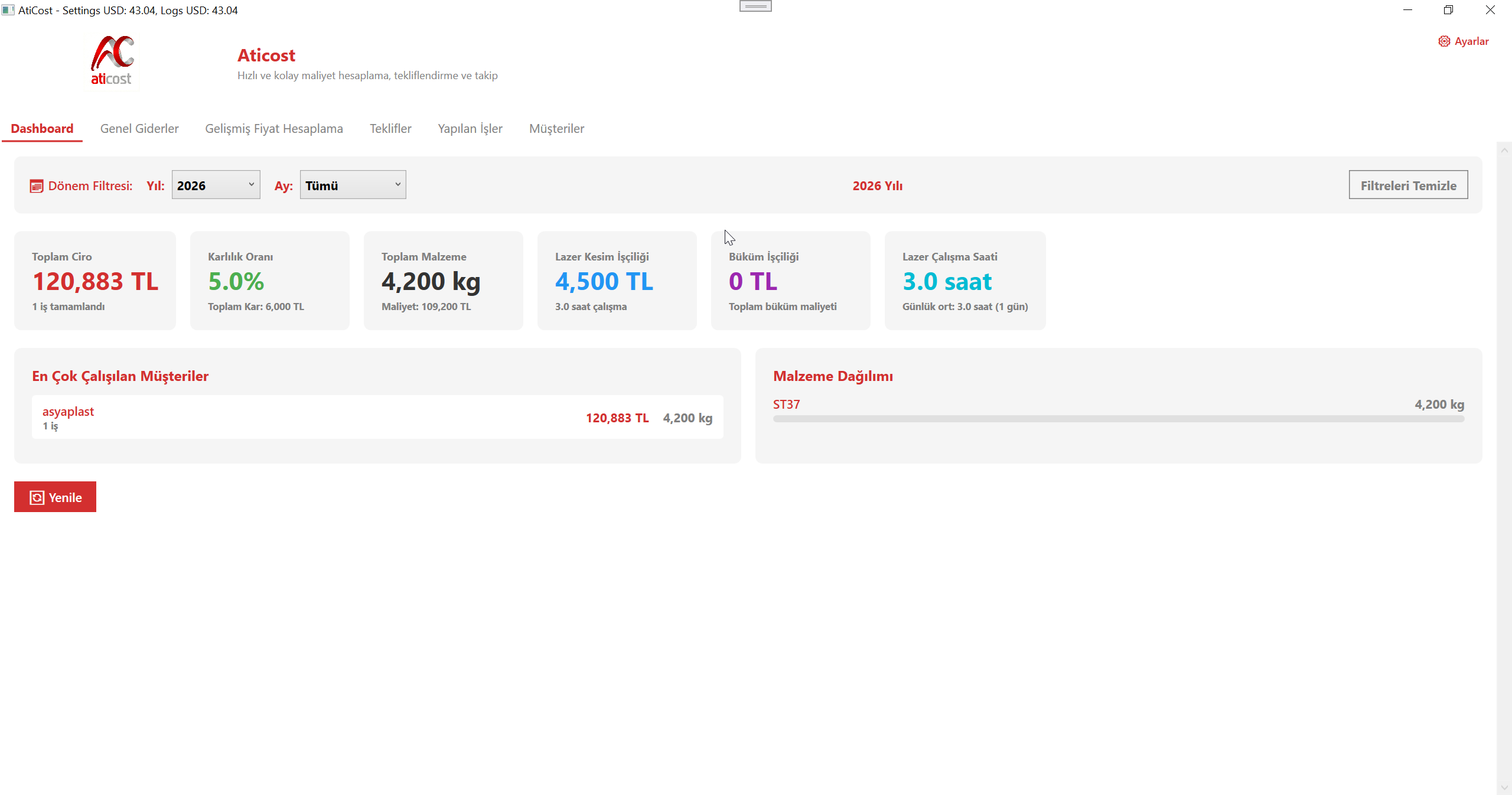 Aticost Demo Ekranı