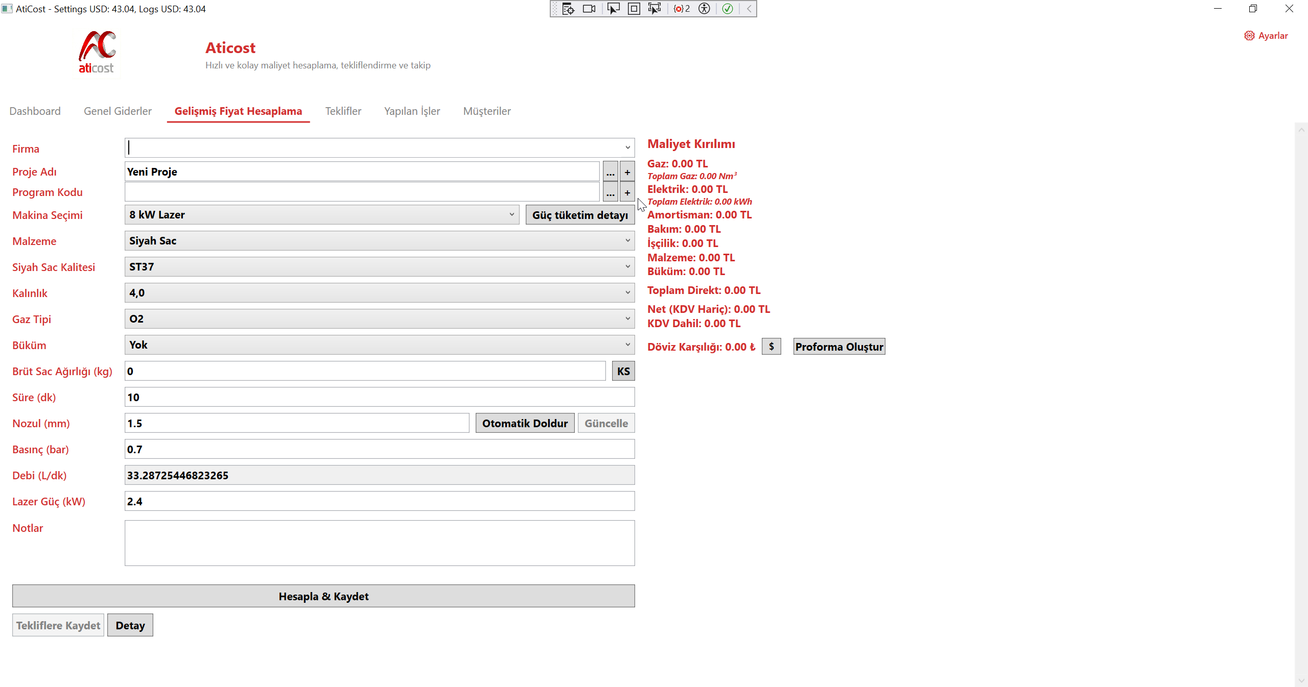 Aticost Gelişmiş Fiyat Hesaplama Ekranı