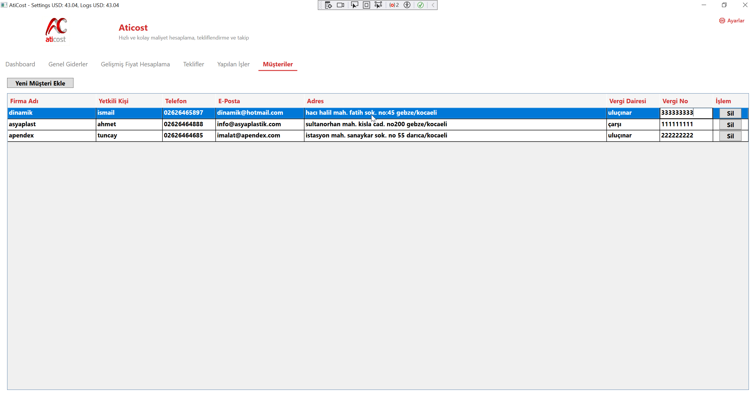 Aticost Müşteriler Ekranı