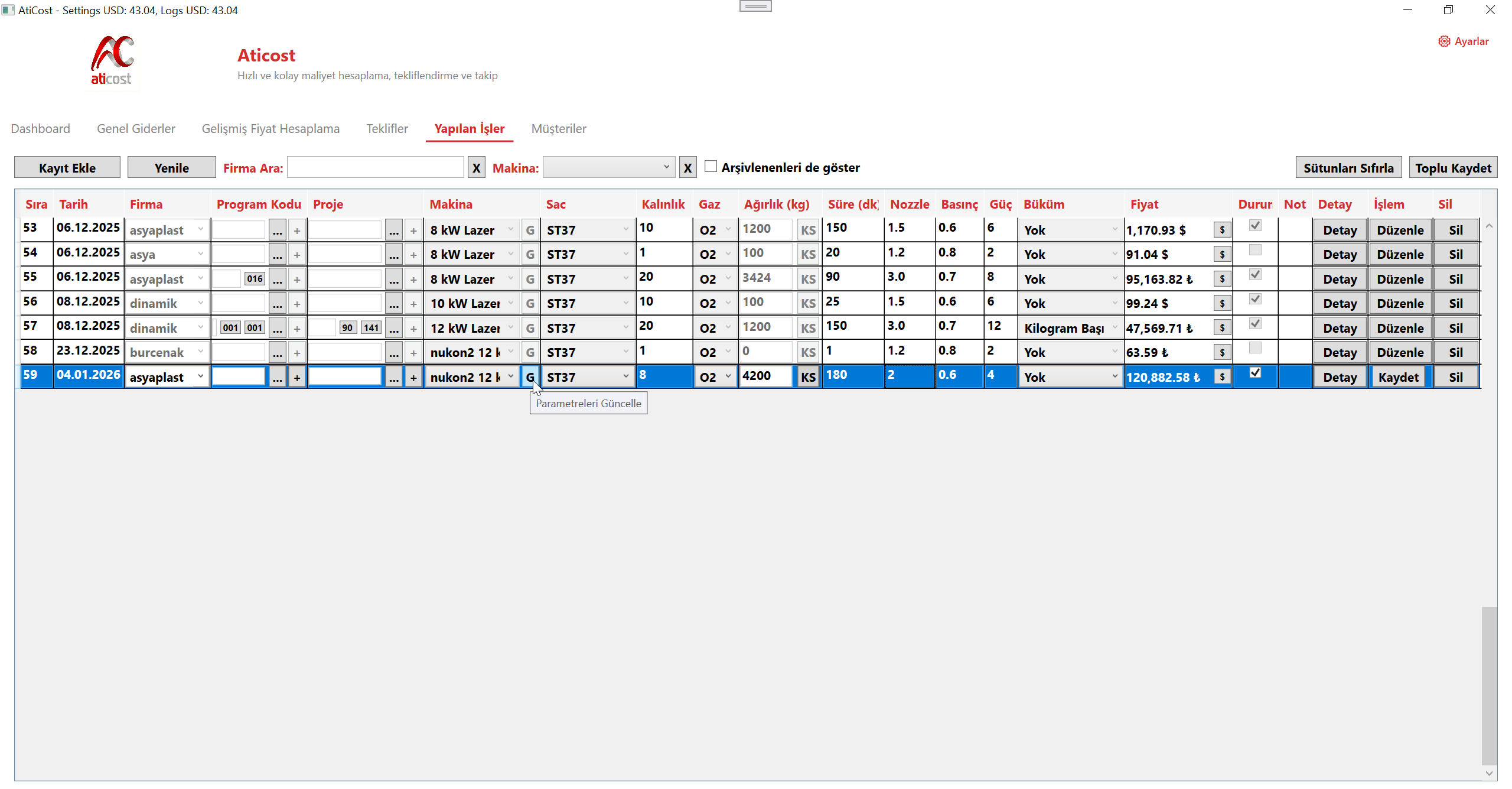 Parametre Güncelleme (G Butonu)