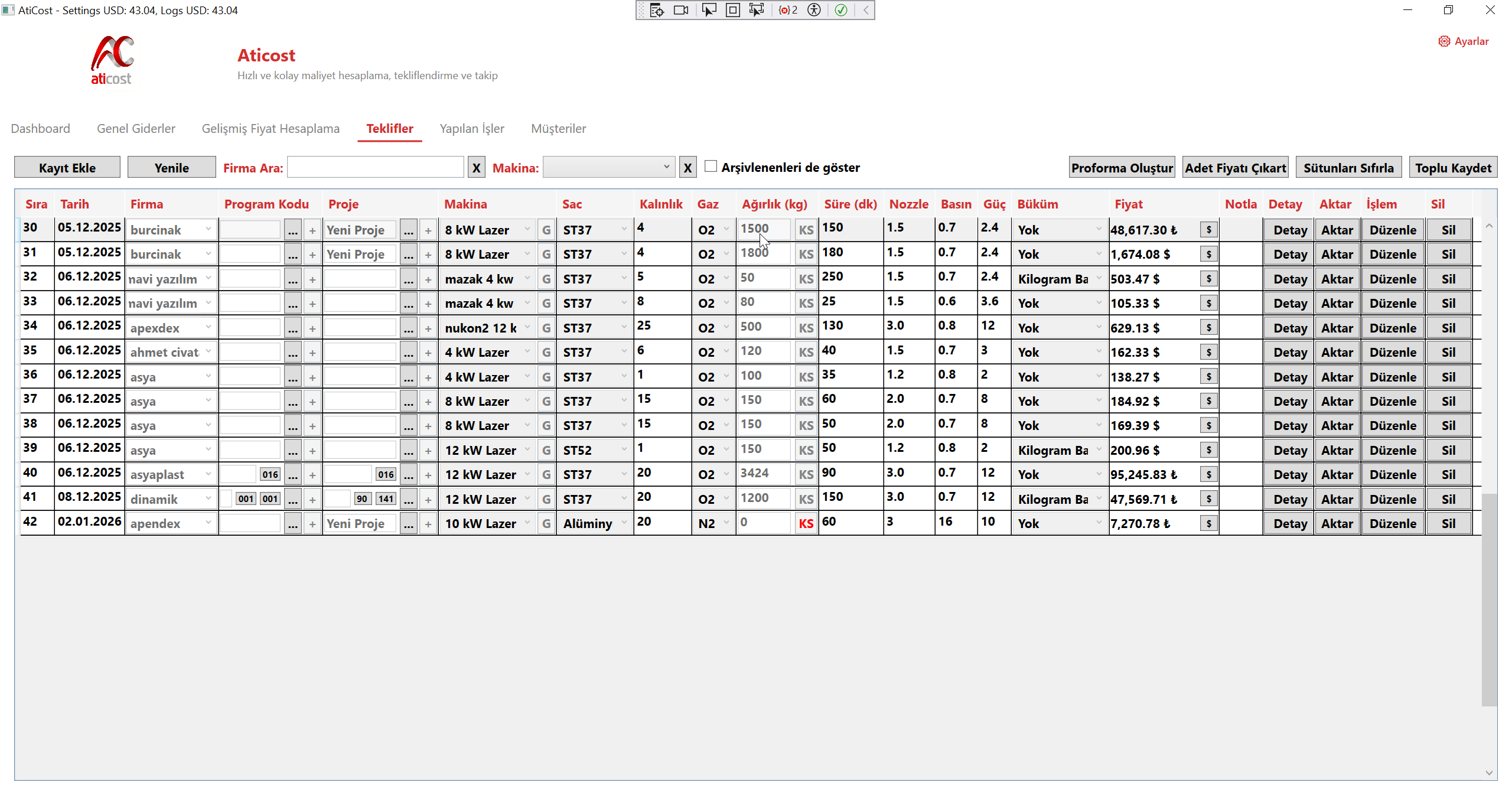 Aticost Teklif Ekranı